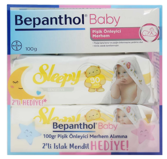 Bepanthol Baby Pişik Önleyici Merhem 100 gr + 2 Paket Sleepy Sensitive Islak Havlu 90 lı Hediye