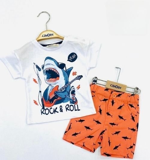 Çikoby Baskılı Beyaz T-shirt + Baskılı Şortlu Erkek Bebek Takım Oranj