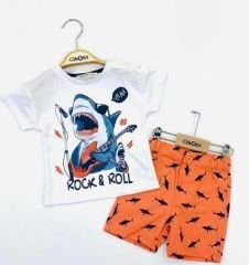 Çikoby Baskılı Beyaz T-shirt + Baskılı Şortlu Erkek Bebek Takım Oranj
