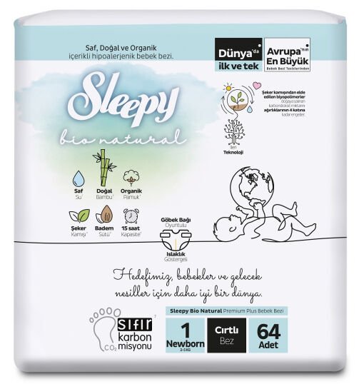 Sleepy Bio Natural 2 li Jumbo 1 Beden Yenidoğan 64 Adet