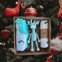 Bebek Hediye Paketi Amigurumi Oyuncak, Müslin Örtü ve Multi Müslin Battaniye Turkuaz