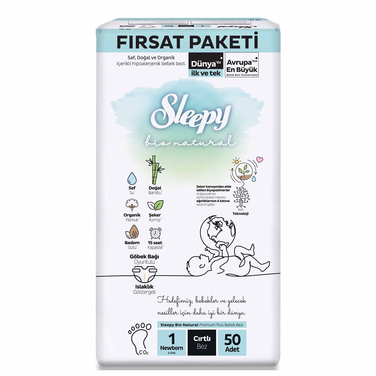 Sleepy Bio Natural 1 Beden Yenidoğan 50 Adet