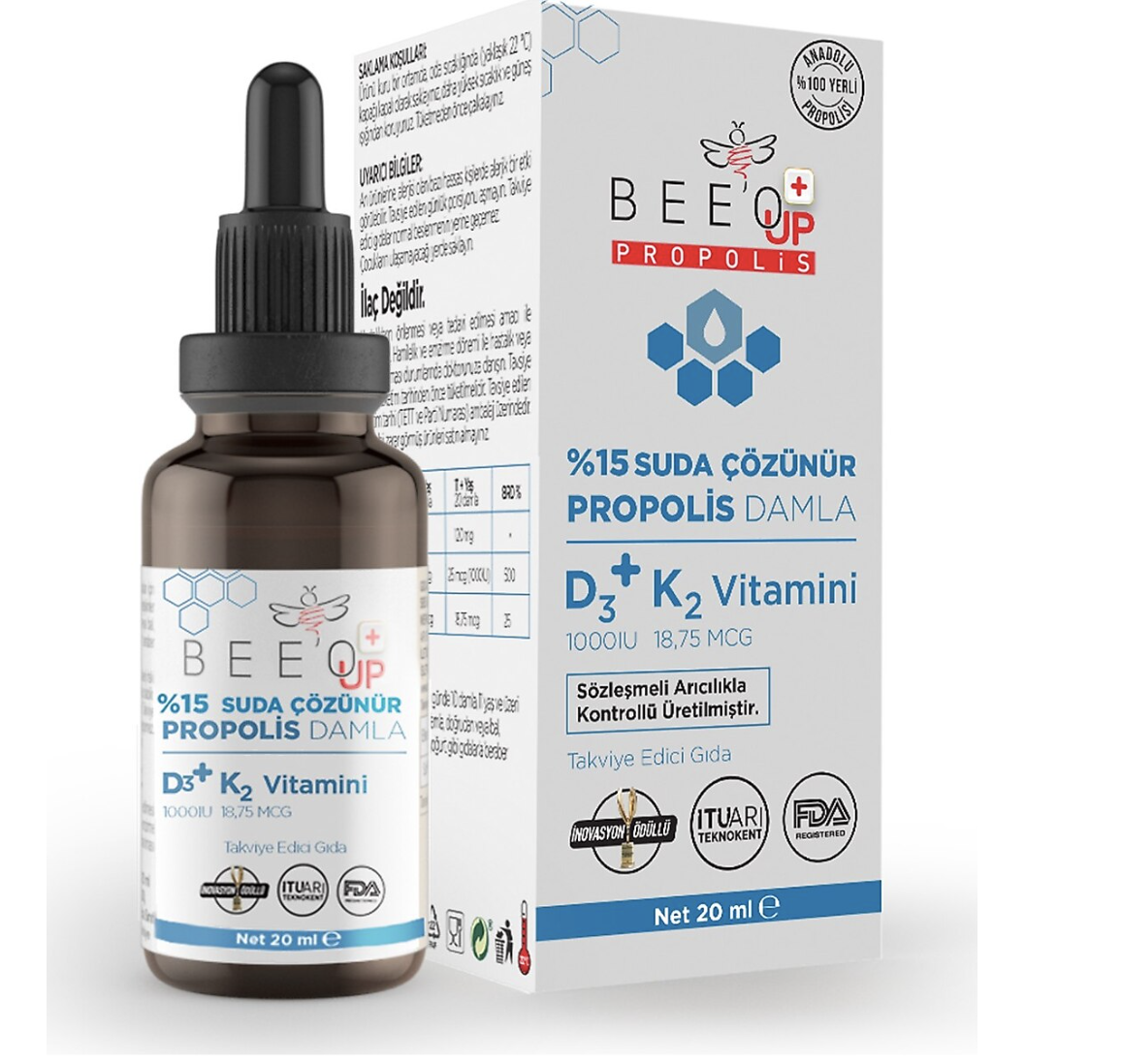 Bee'o Up Propolis %15 D3 + K2 Suda Çözünür Damla 20 ml